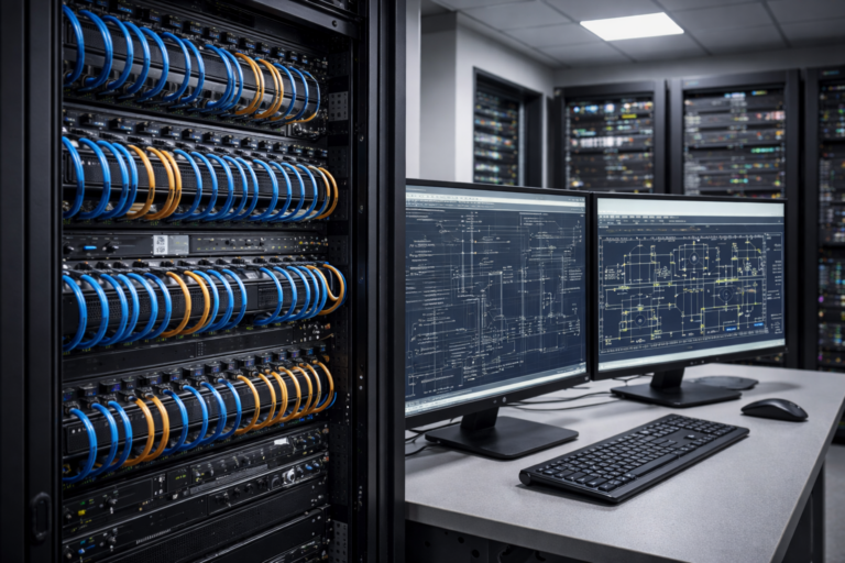 Für Unternehmen und Industrie planen wir CAD-gestützte Elektroinstallationen sowie leistungsfähige IT- und Computeranlagen. Dazu zählen strukturierte Netzwerkverkabelungen, Serverlösungen und die technische Infrastruktur für moderne Arbeitsplätze.